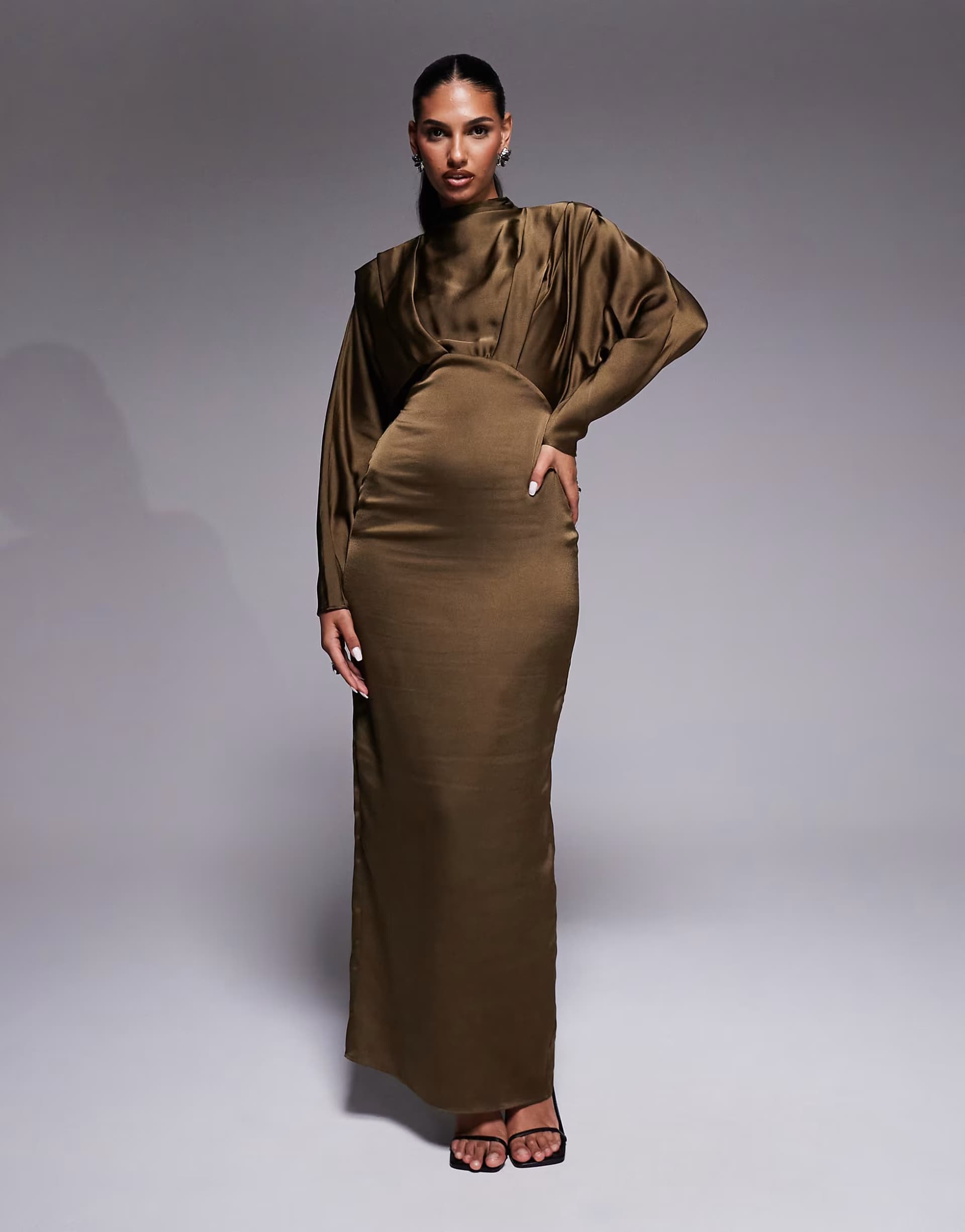 ASOS TFNC satin high neck fold over detail maxi dress in olive