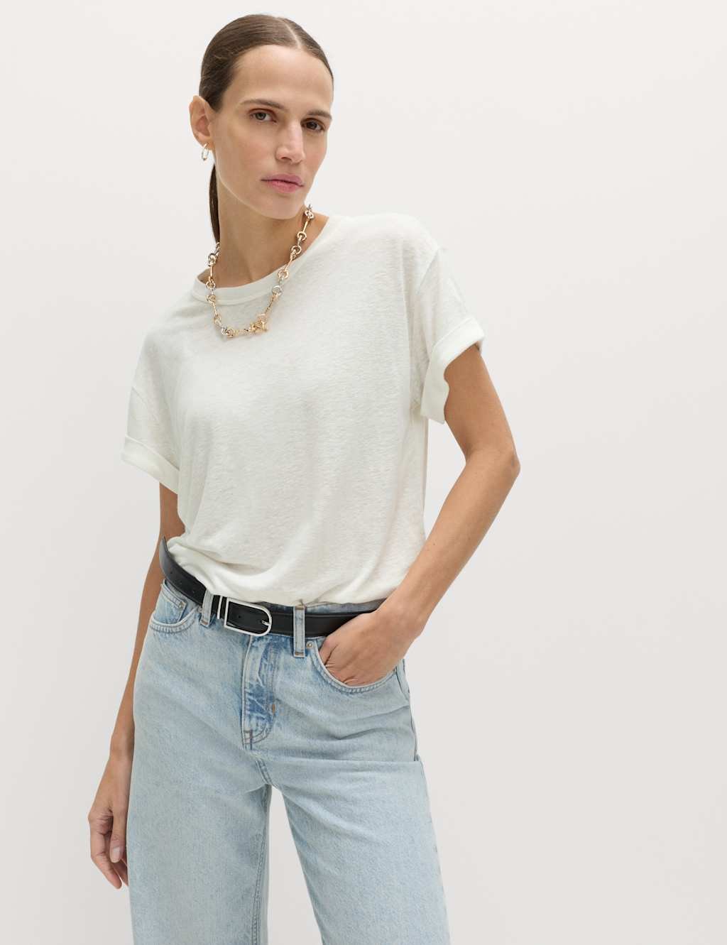 Marks & Spencer M&S Linen Blend T-Shirt Ivory - 2