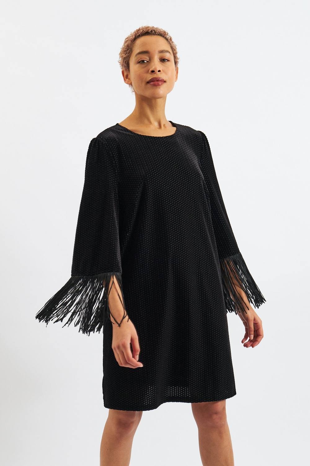Louche Louche Women's Rosamee Fringe Trim Sleeve Mini Dress in Black - 3