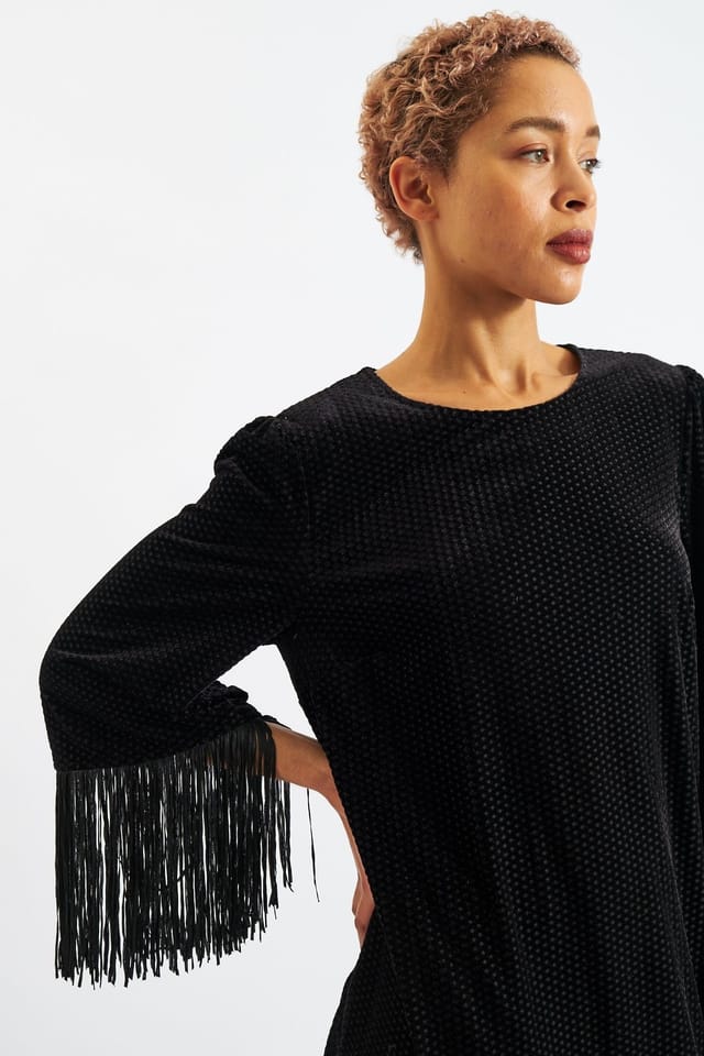 Louche Louche Women's Rosamee Fringe Trim Sleeve Mini Dress in Black - 3