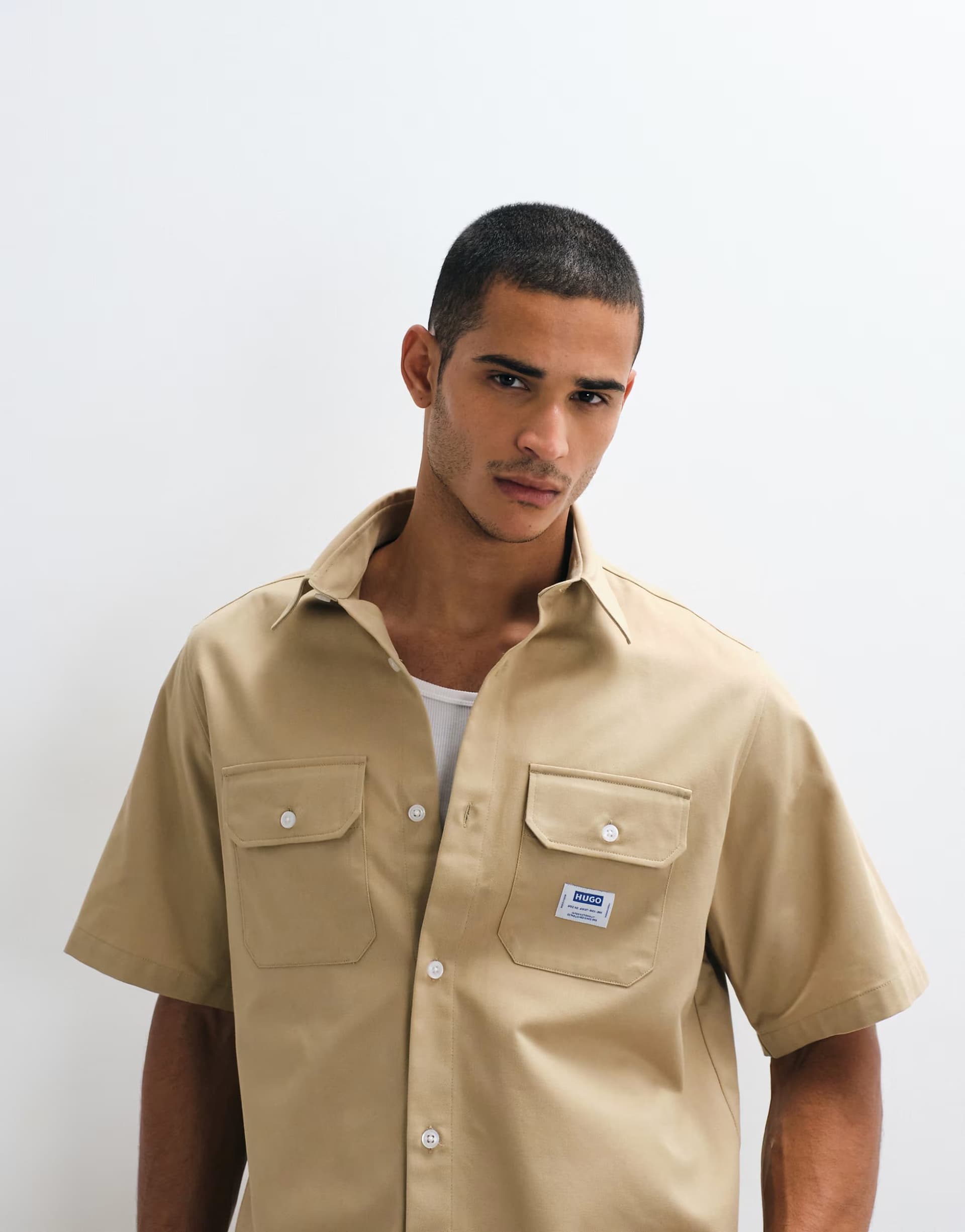 ASOS HUGO Blue Ekyno oversized shirt in beige