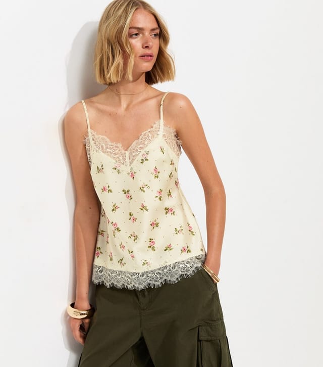 New Look Women's Cream Satin Floral Lace Trim Cami Top New Look - 2