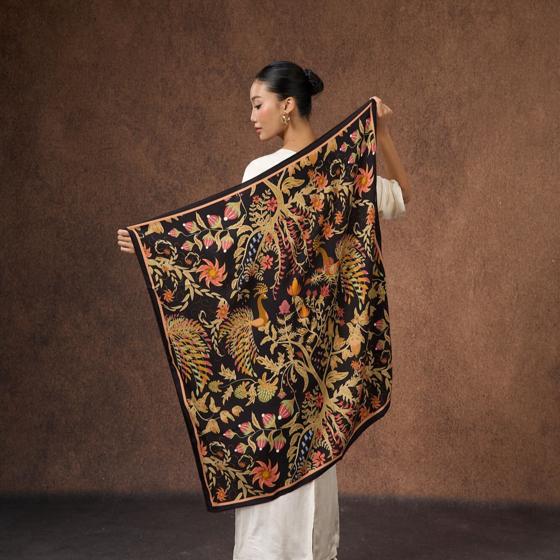Silk and Bears Silk and Bears Black Phoenix Garden Silk Wool Scarf