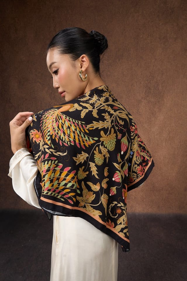 Silk and Bears Silk and Bears Women's Phoenix Garden Silk Wool Scarf - Luxury Square Wrap in Black - 3