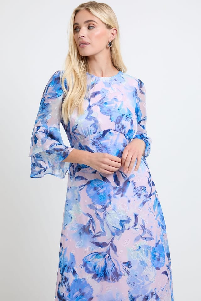 Wallis Wallis Women's Petite Floral Burn Out Ruffle Sleeve Midi Dress in Pink - 2