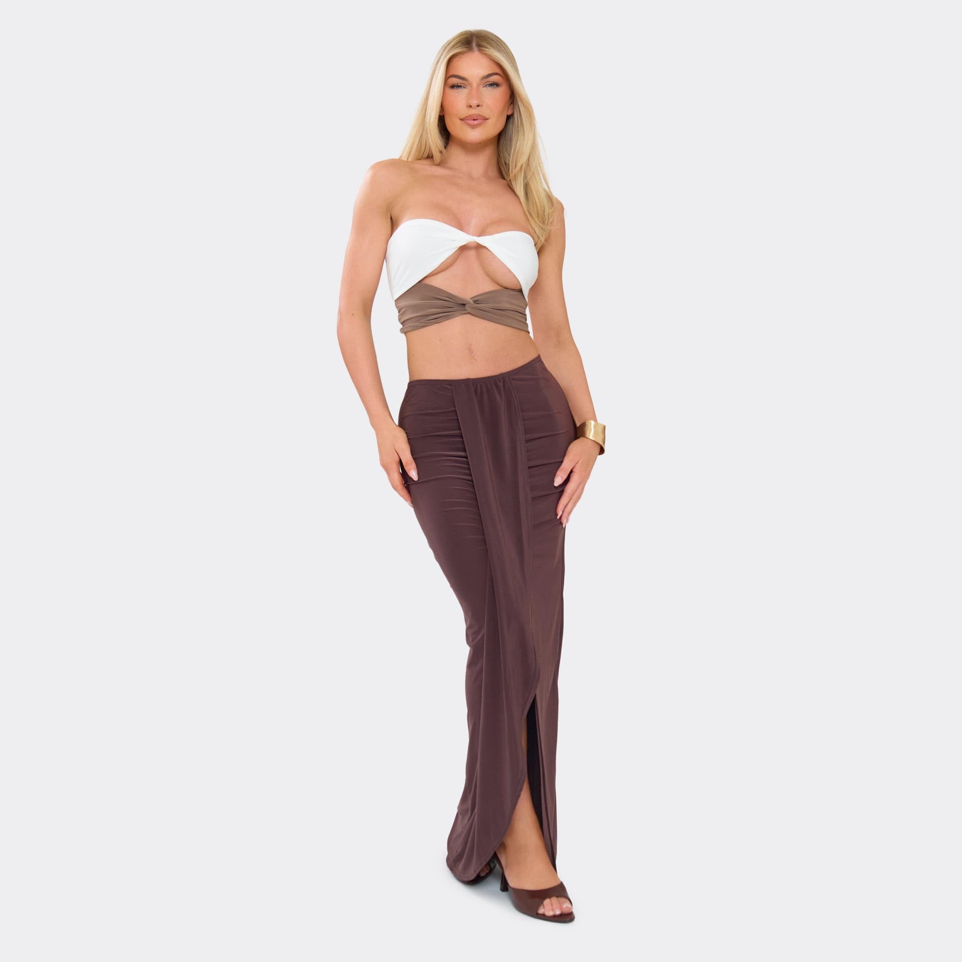EGO EGO Drape Detail Maxi Skirt in Chocolate Brown