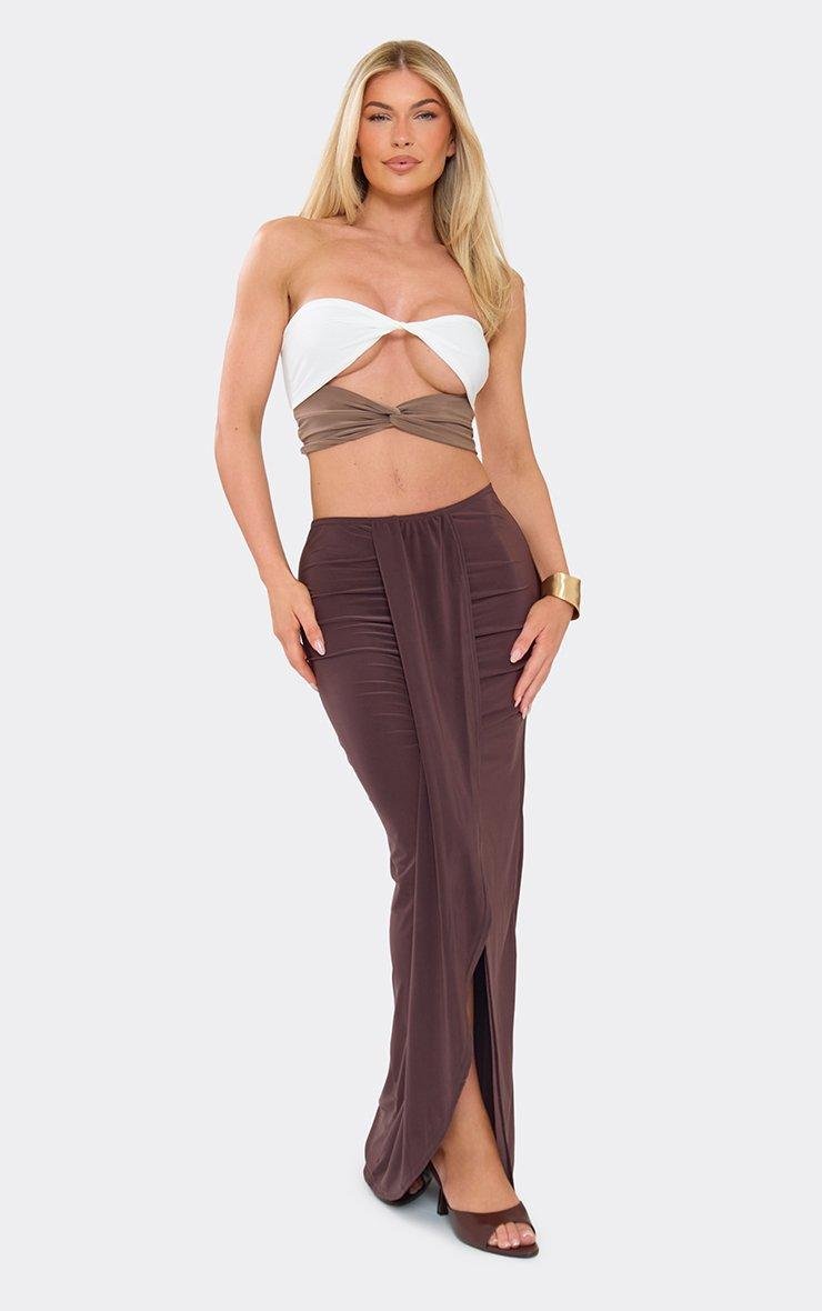 EGO Front Drape Detail Maxi Skirt In Chocolate Brown, Women's Size UK 6 - 2