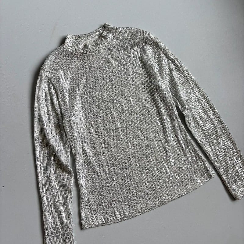 Y2K Silver Sheer Sequin Long Sleeve Top