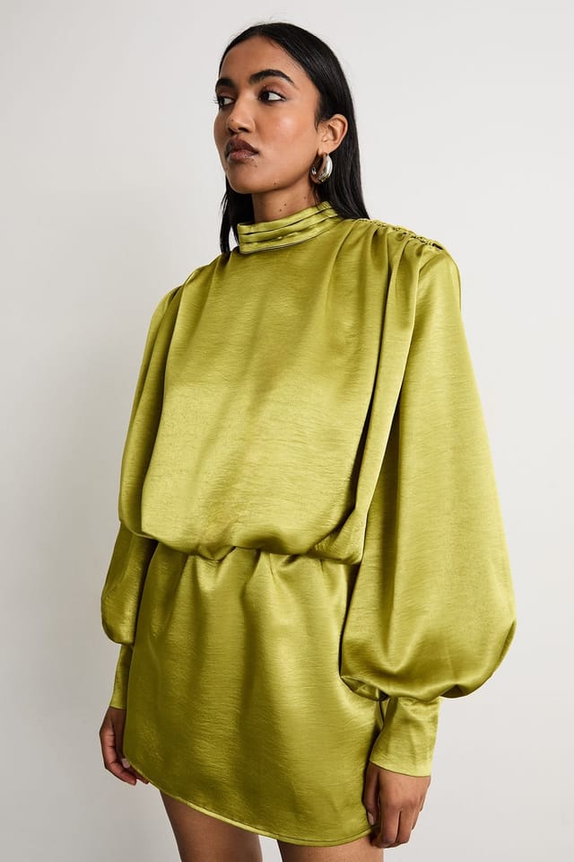 Warehouse Warehouse Women's Extreme Shoulder Draped Satin Mini Dress in Chartreuse - 2
