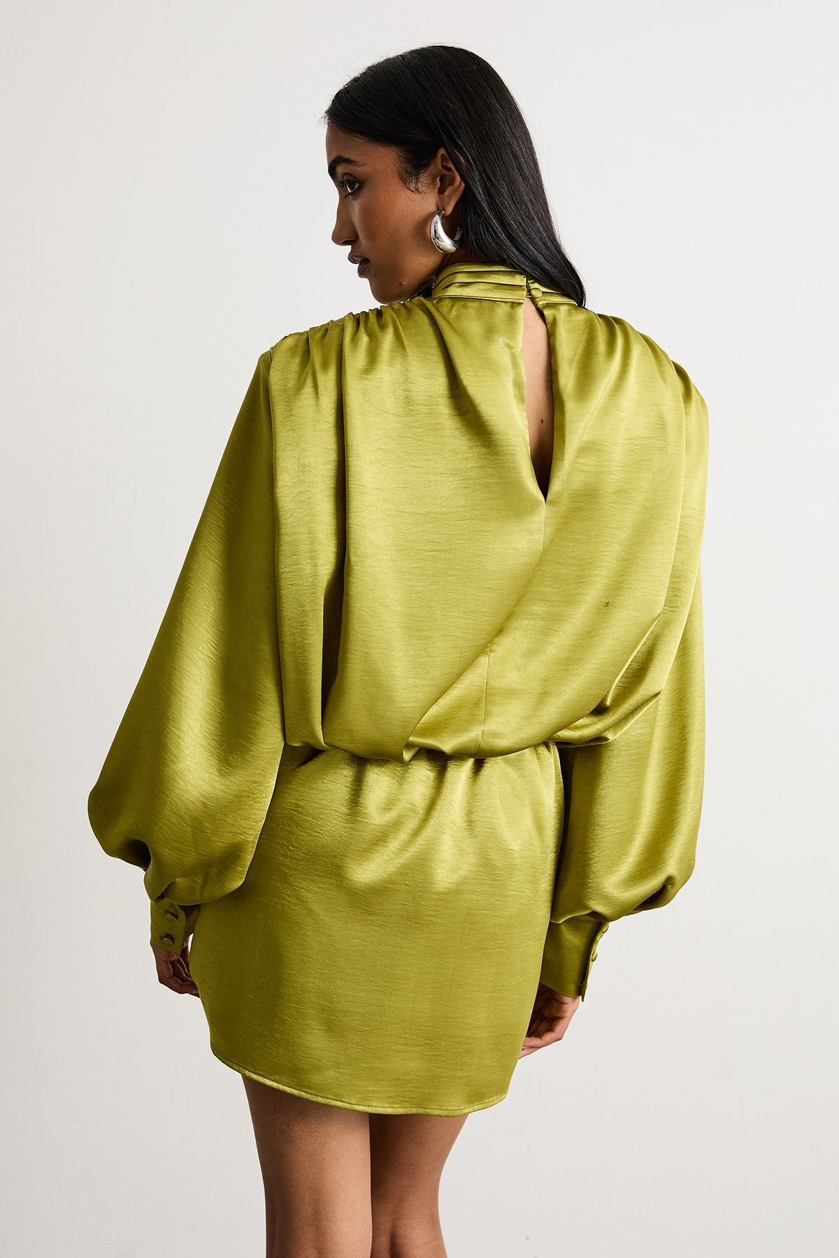Warehouse Warehouse Women's Extreme Shoulder Draped Satin Mini Dress in Chartreuse - 3