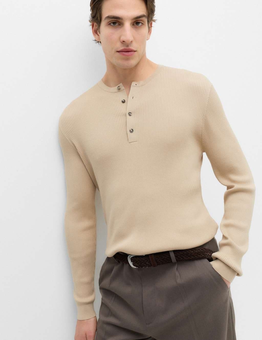 Marks & Spencer M&S Cotton Blend Smart Henley Jumper Beige
