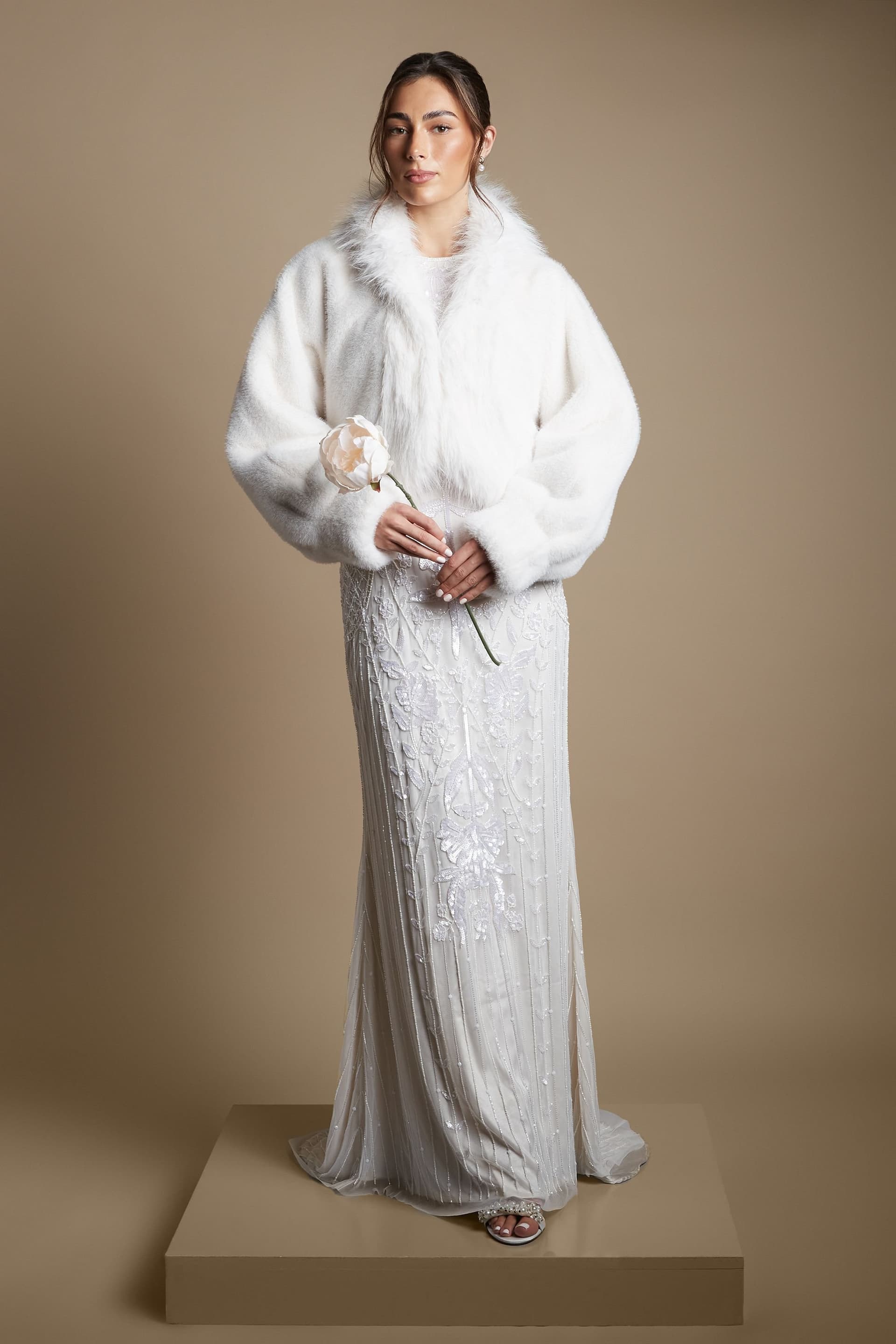 Coast Coast Women's Statement Long Faux Fur Collar Bridal Coat in Ivory