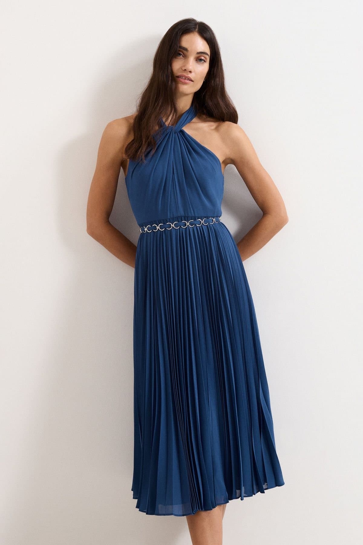 Phase Eight Phase Eight Women's Sathia Pleated Halter Neck Midi Dress in Mid Navy