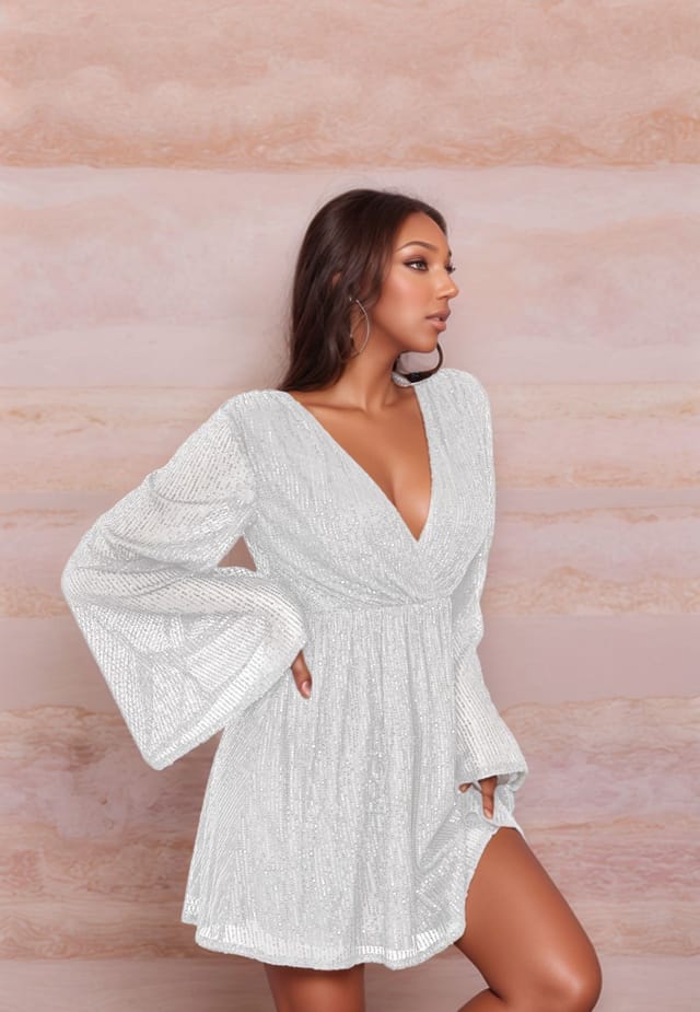 Divine Grace Divine Grace Women's White Sequin Flare Sleeve Dress - 2