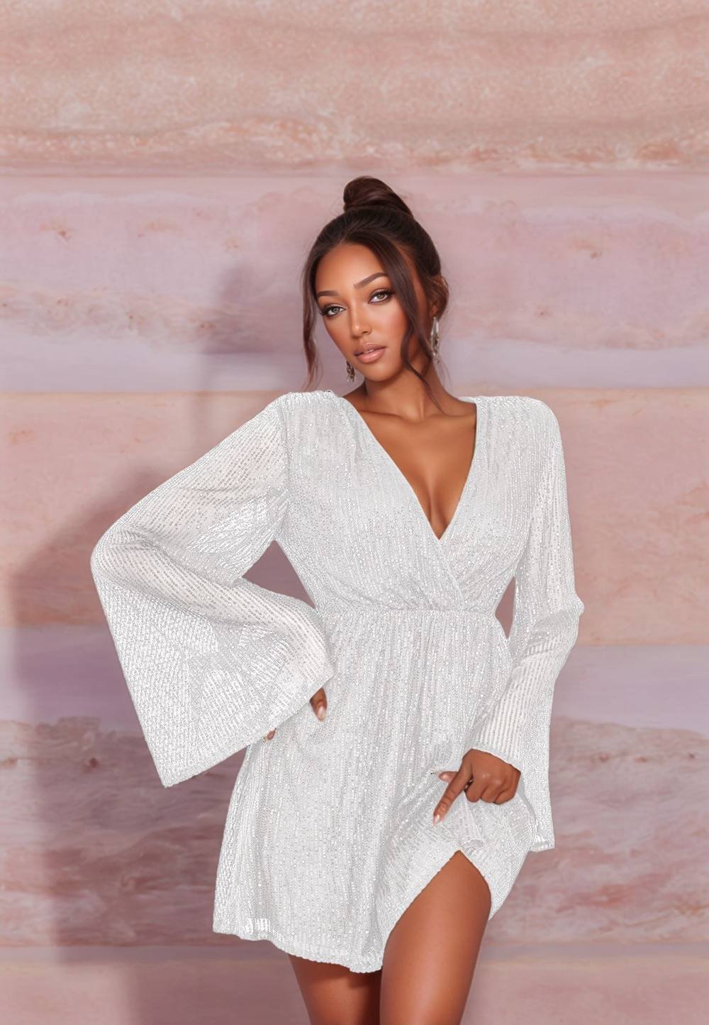 Divine Grace Divine Grace Women's White Sequin Flare Sleeve Dress - 3