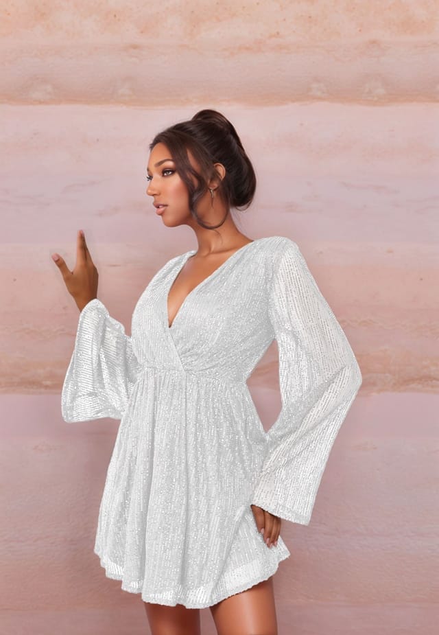 Divine Grace Divine Grace Women's White Sequin Flare Sleeve Dress - 3
