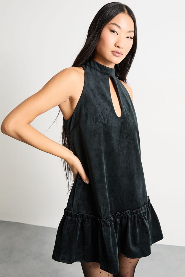 Warehouse Warehouse Women's Petite Bonded Velvet High Neck Mini Dress in Black - 2