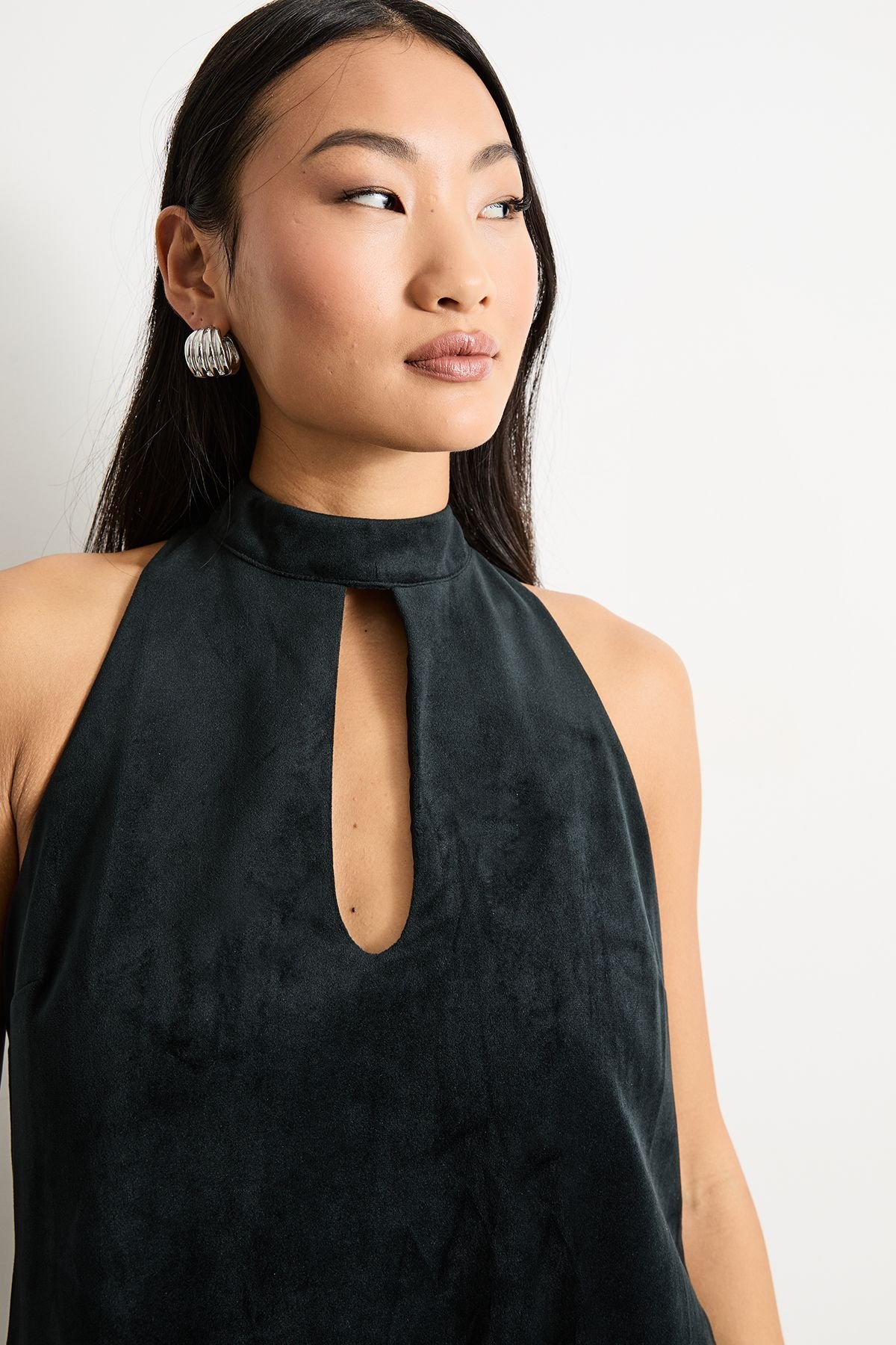 Warehouse Warehouse Women's Petite Bonded Velvet High Neck Mini Dress in Black - 4