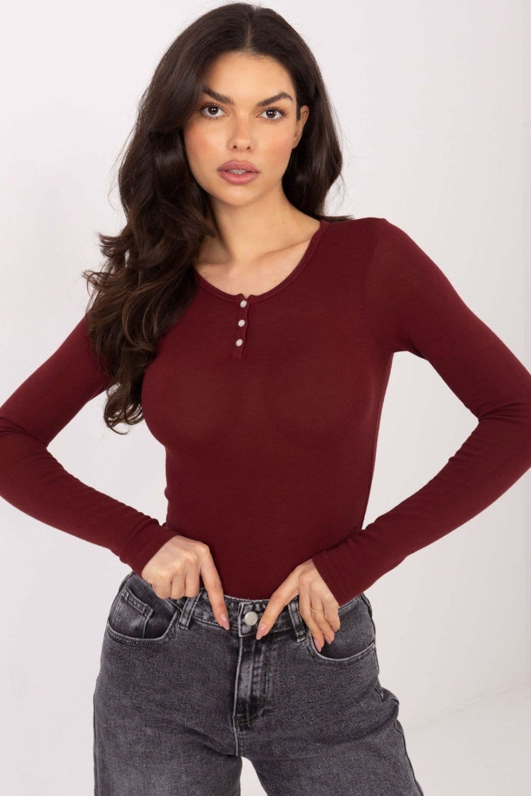 Love Lace Burgundy Fitted Long Sleeve Cotton Blouse