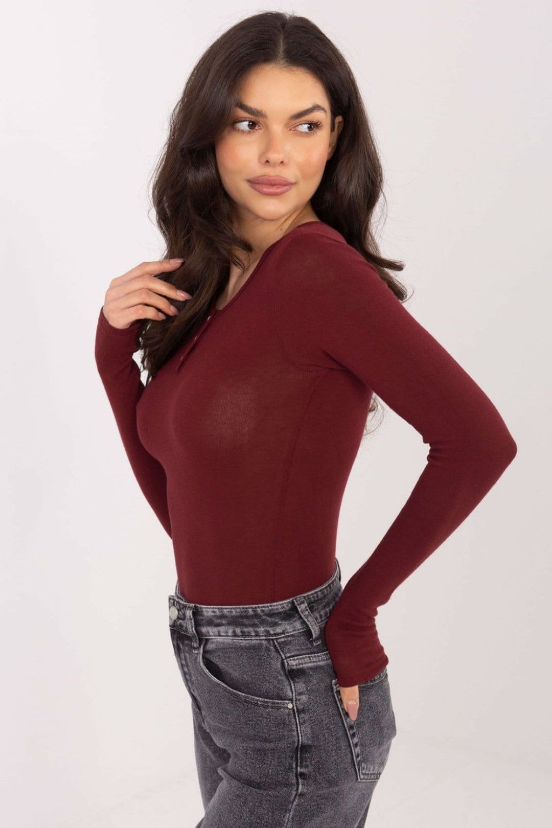 Love Lace Love Lace Women's Fitted Long Sleeve Cotton Blouse in Burgundy - 4