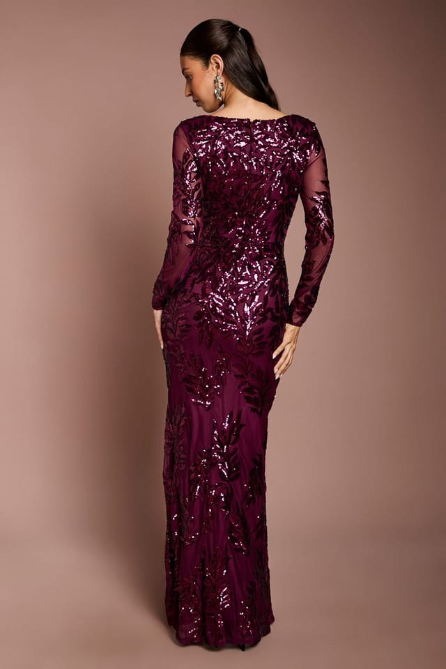 Coast Coast Women's Long Sleeve Floral Sequin Maxi Dress in Burgundy - 3