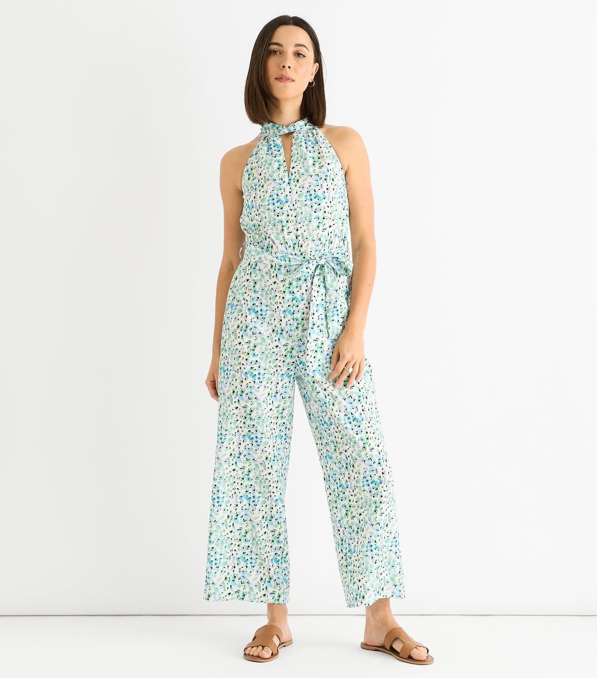 Gini London Women's Petite Blue Halter Neck Printed Jumpsuit Gini London New Look