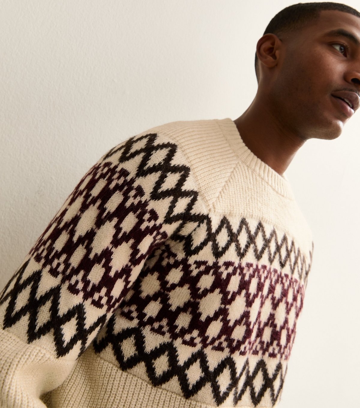 New Look Men's Cream Regular Fairisle Fluffy Knit Crew Neck Jumper New Look - 2