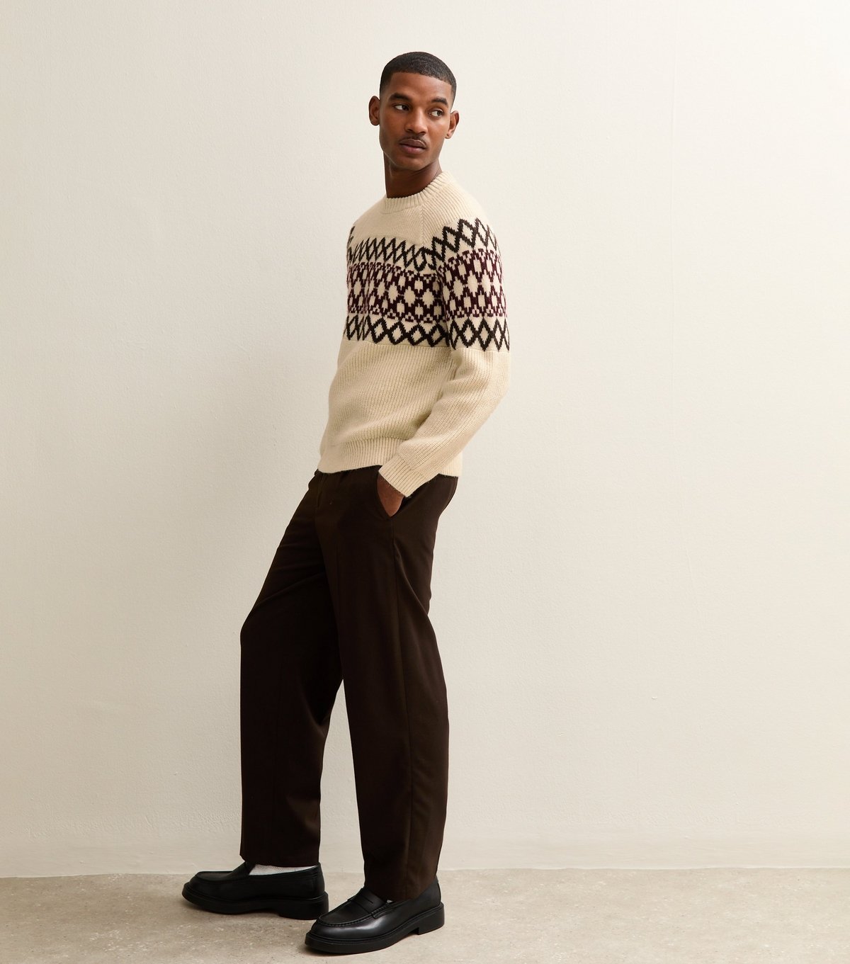 New Look Men's Cream Regular Fairisle Fluffy Knit Crew Neck Jumper New Look - 3