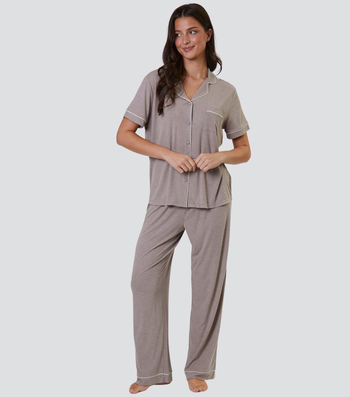 Loungeable Women's Oatmeal Ribbed Short Sleeve Shirt and Trousers Pyjama Set Loungeable New Look