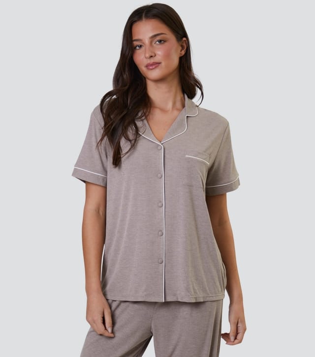Loungeable Women's Oatmeal Ribbed Short Sleeve Shirt and Trousers Pyjama Set Loungeable New Look - 2