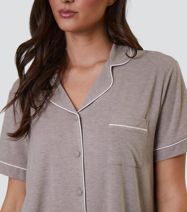 Loungeable Women's Oatmeal Ribbed Short Sleeve Shirt and Trousers Pyjama Set Loungeable New Look - 3