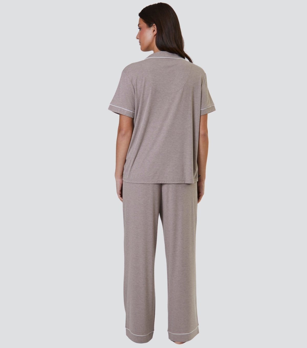 Loungeable Women's Oatmeal Ribbed Short Sleeve Shirt and Trousers Pyjama Set Loungeable New Look - 4