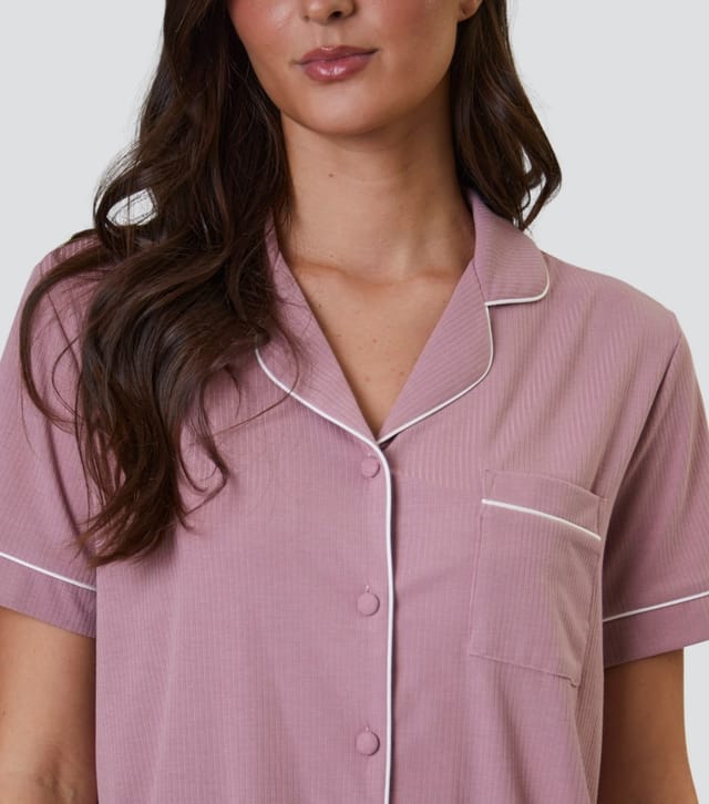 Loungeable Women's Pink Ribbed Short Sleeve Shirt and Trousers Pyjama Set Loungeable New Look - 3