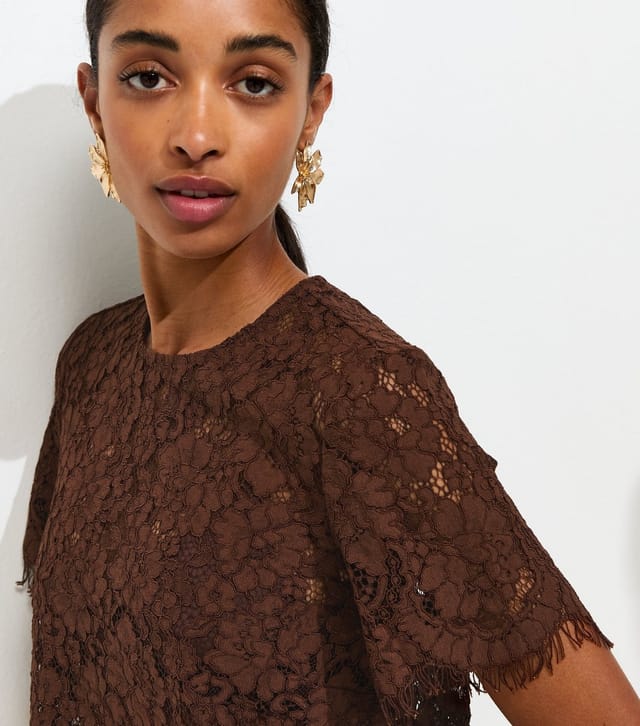 New Look Women's Dark Brown Scalloped Lace Short Sleeve Top New Look - 2
