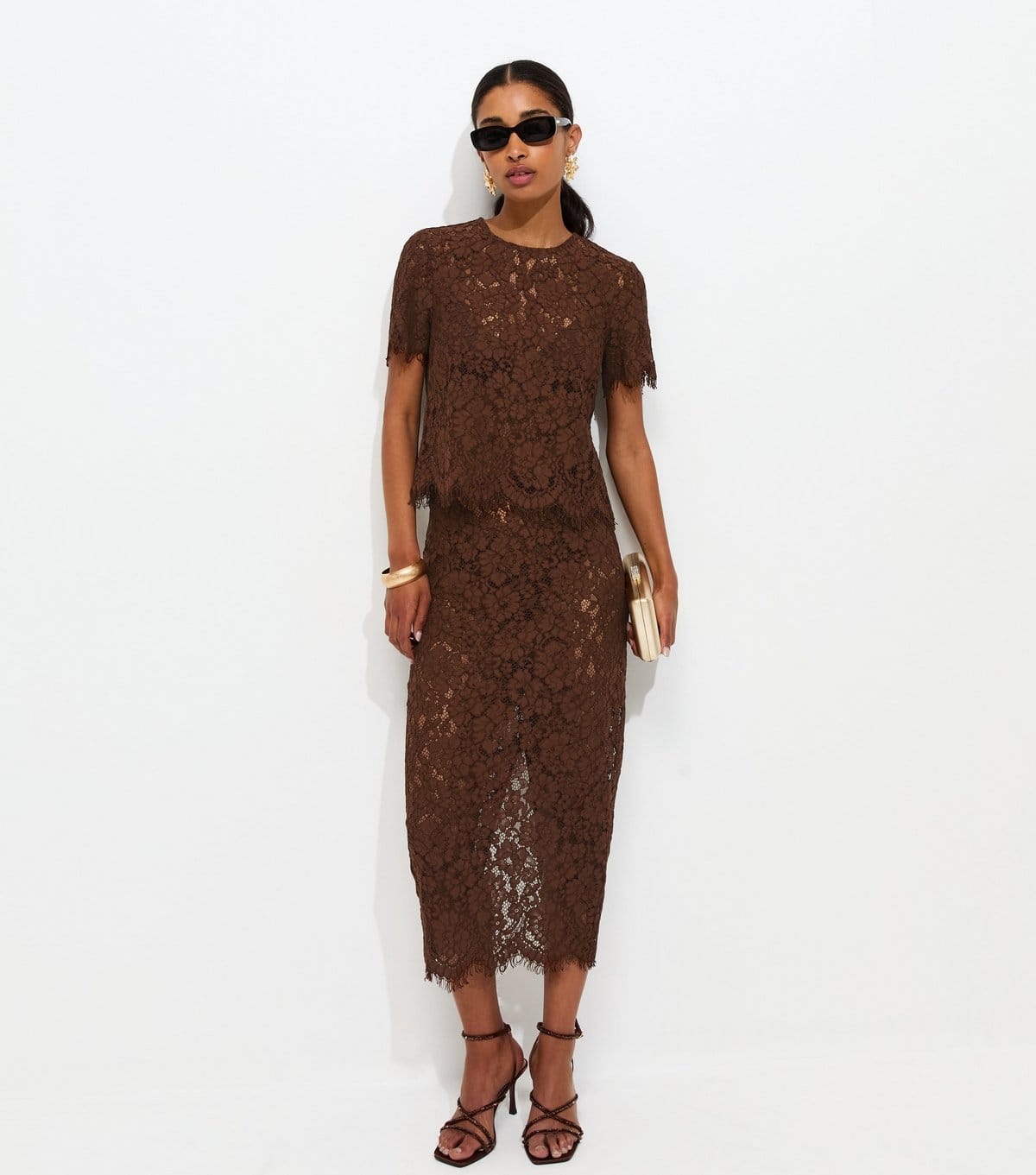 New Look Women's Dark Brown Scalloped Lace Short Sleeve Top New Look - 4