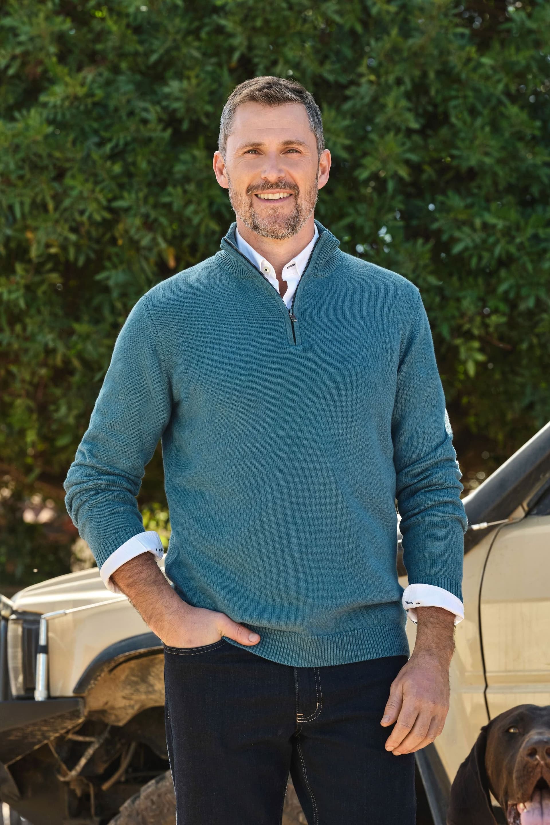 WoolOvers WoolOvers Men's Essential Cotton Zip Neck Jumper in Teal