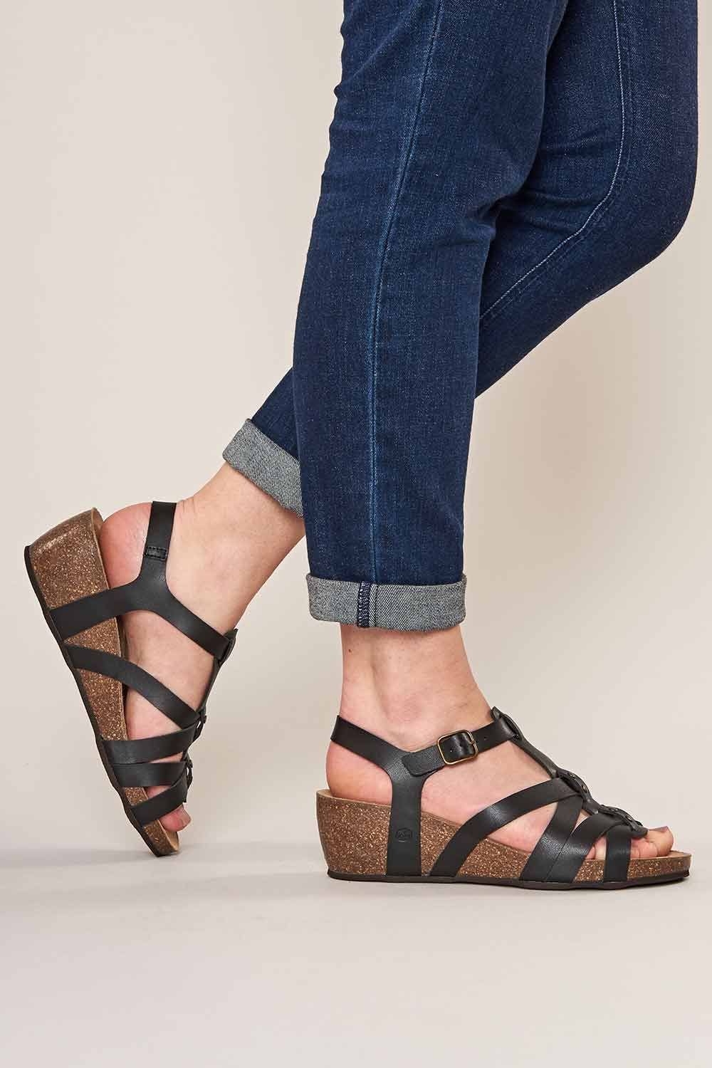 Moshulu Moshulu Women's 'Polperro' Strappy Cork Wedge Sandals in Black - 1