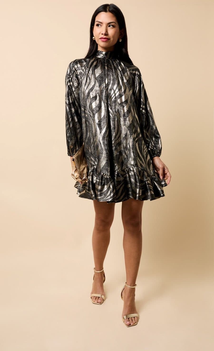 Little Mistress Little Mistress Women's Black & Gold Foil Print Mini Dress