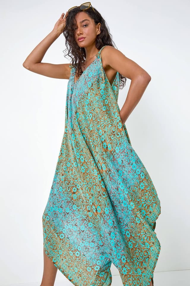 Dusk Dusk Women's Paisley Floral Pocket Slouchy Jumpsuit in Teal - 2