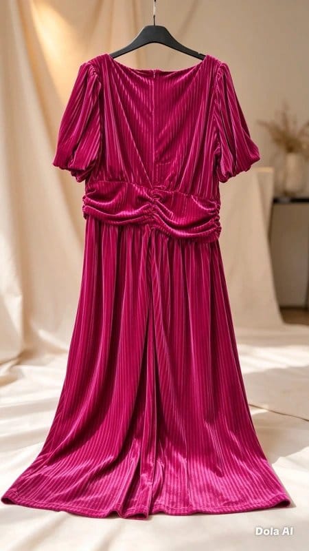 Dorothy Perkins Dorothy Perkins Magenta / Berry Ribbed Velvet Midi Dress – Sweetheart Neck, Puff Sleeves, Size 18 - 1