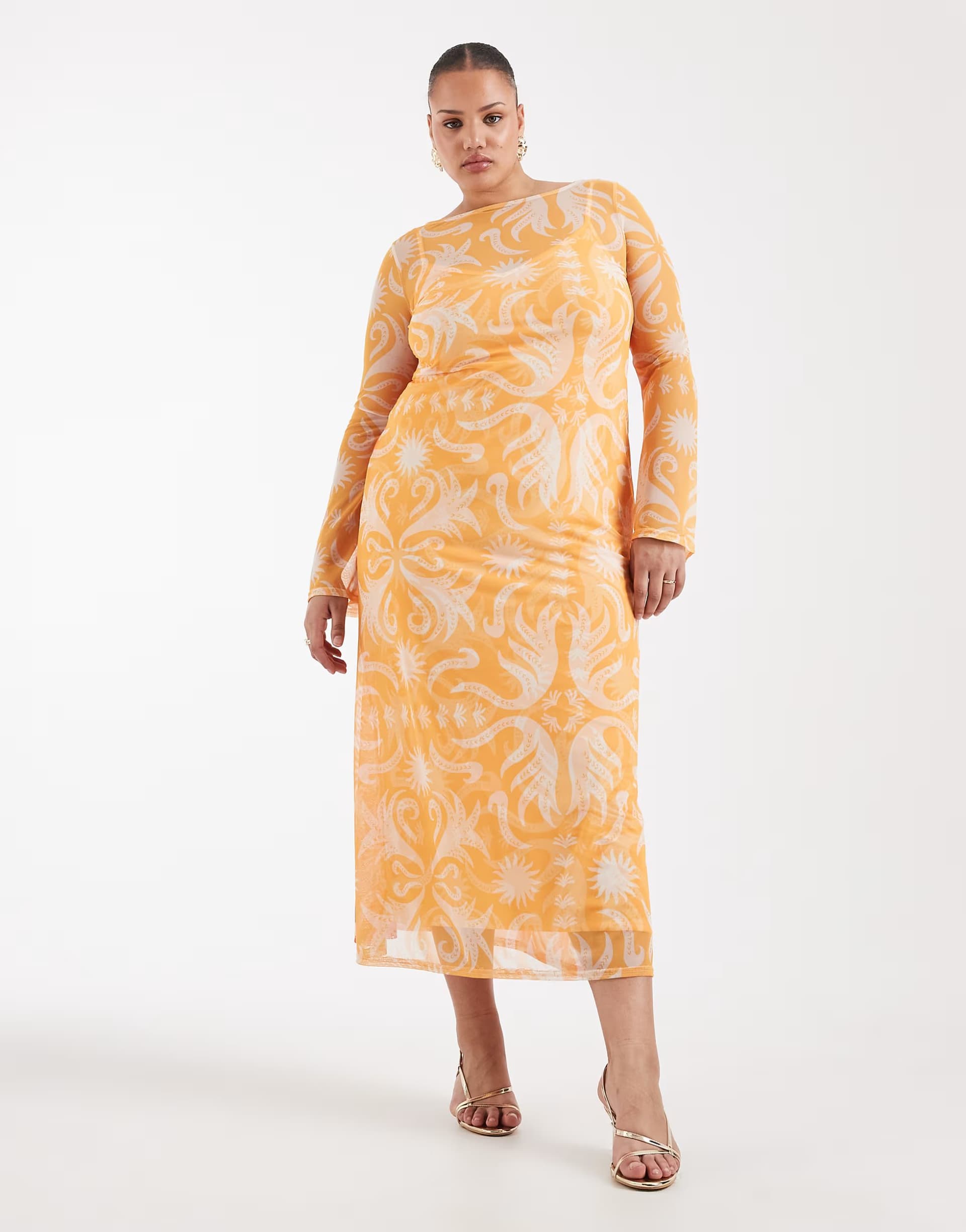 ASOS Never Fully Dressed Plus Cairo reversible mesh maxi dress in orange sol print