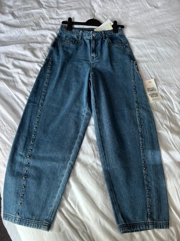 Never Fully Dressed Never Fully Dressed New Mid Rise Blue Studded Barrel Wide Leg Jeans £129 UK 8 Spring Denim Cotton