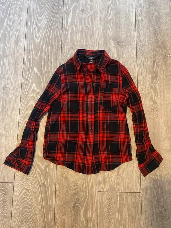 New Look New look black red check waisted length slightly cropped tartan long sleeve collared button up shirt