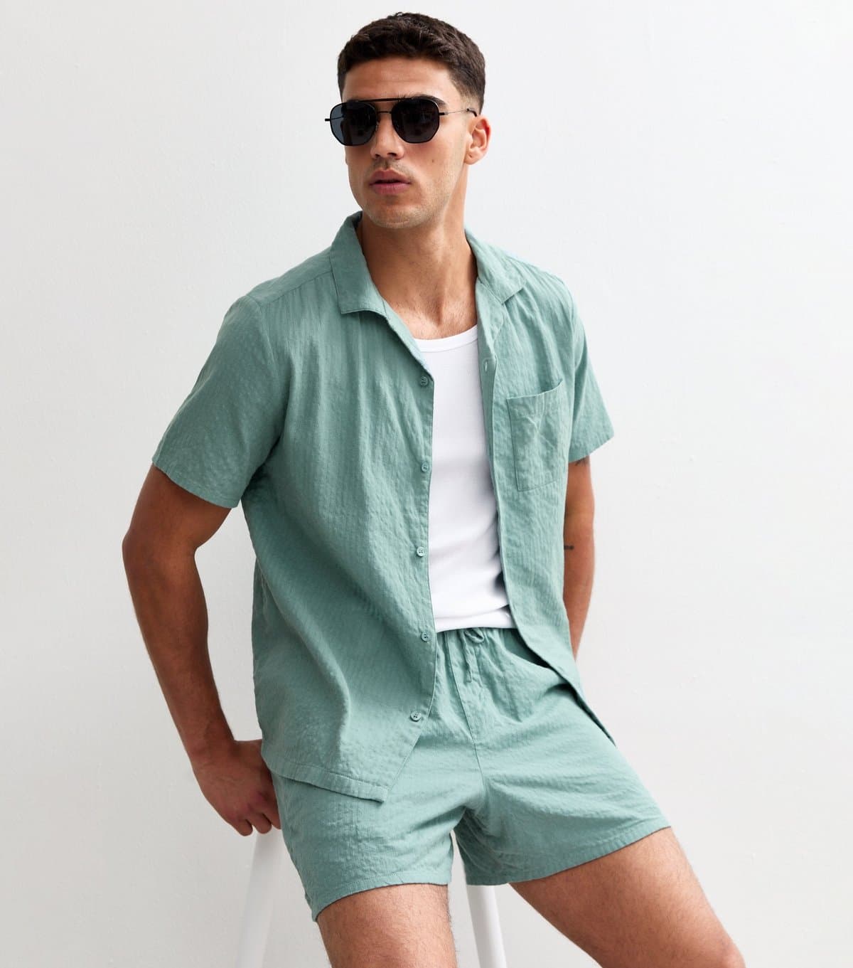 New Look Men's Blue Relaxed Seersucker Drawstring Shorts New Look