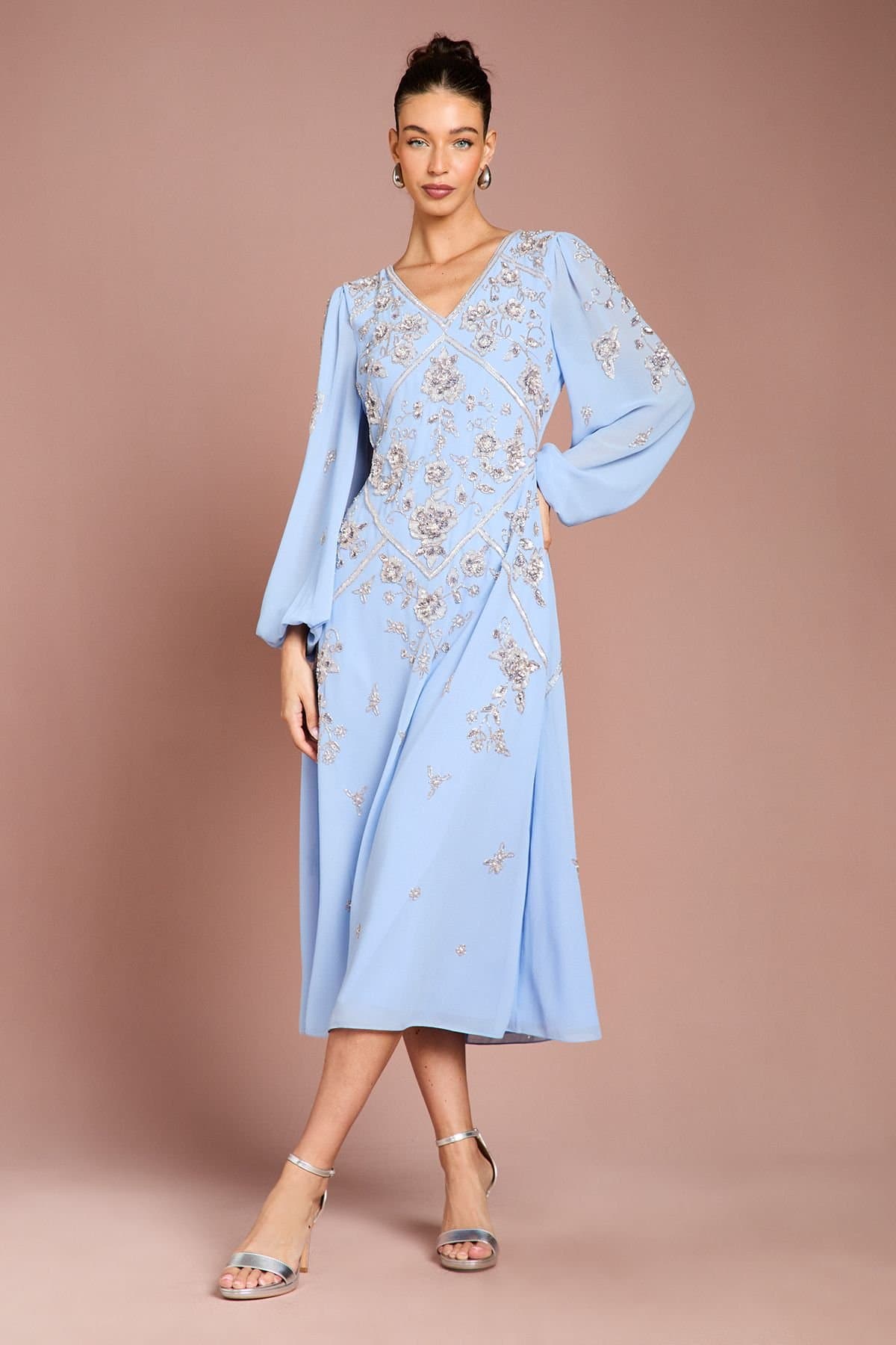 Coast Coast Women's Long Sleeve Embellished Georgette Midi Dress in Dusty Blue