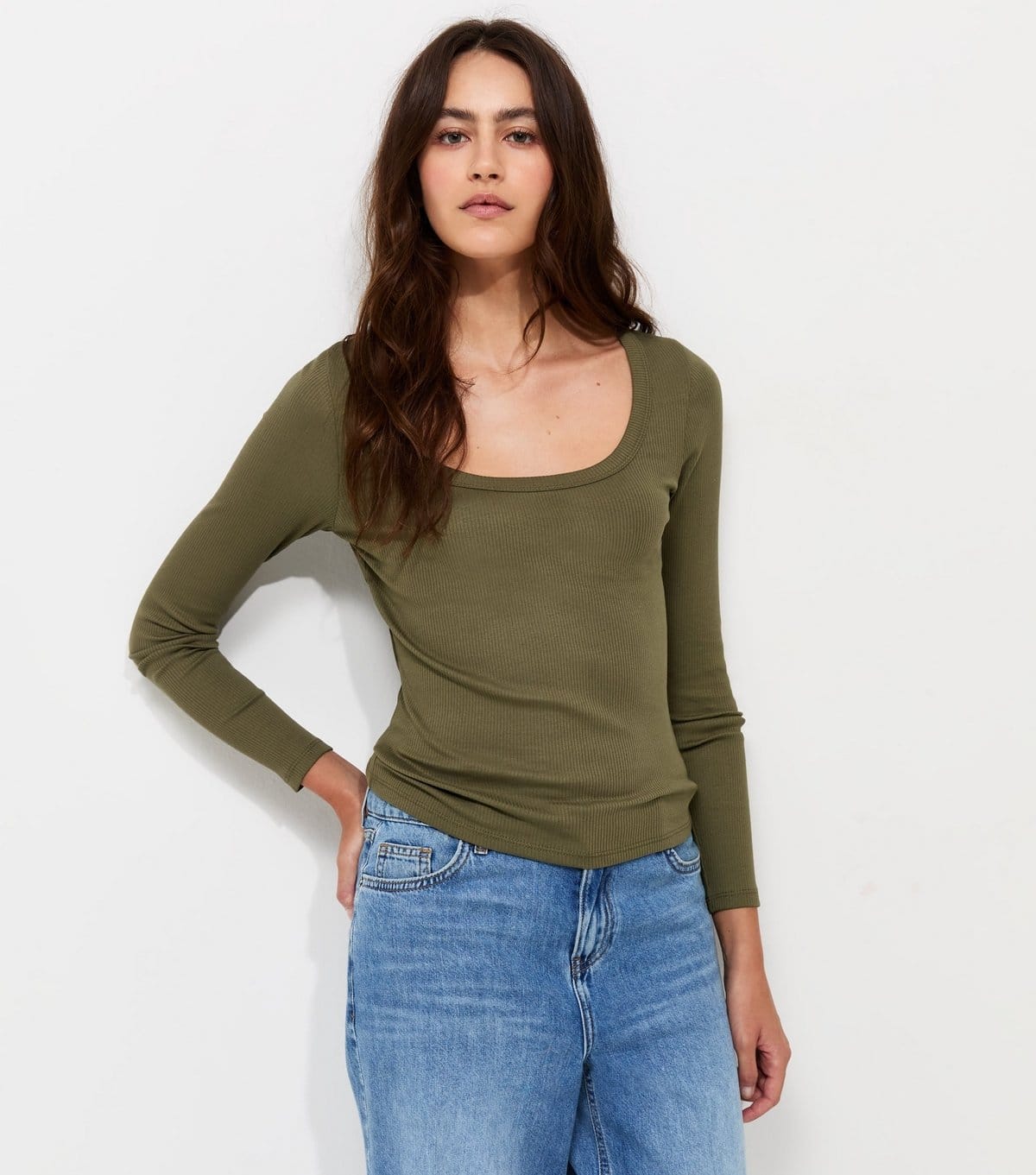 New Look Khaki Ribbed Scoop Neck Long Sleeve Top