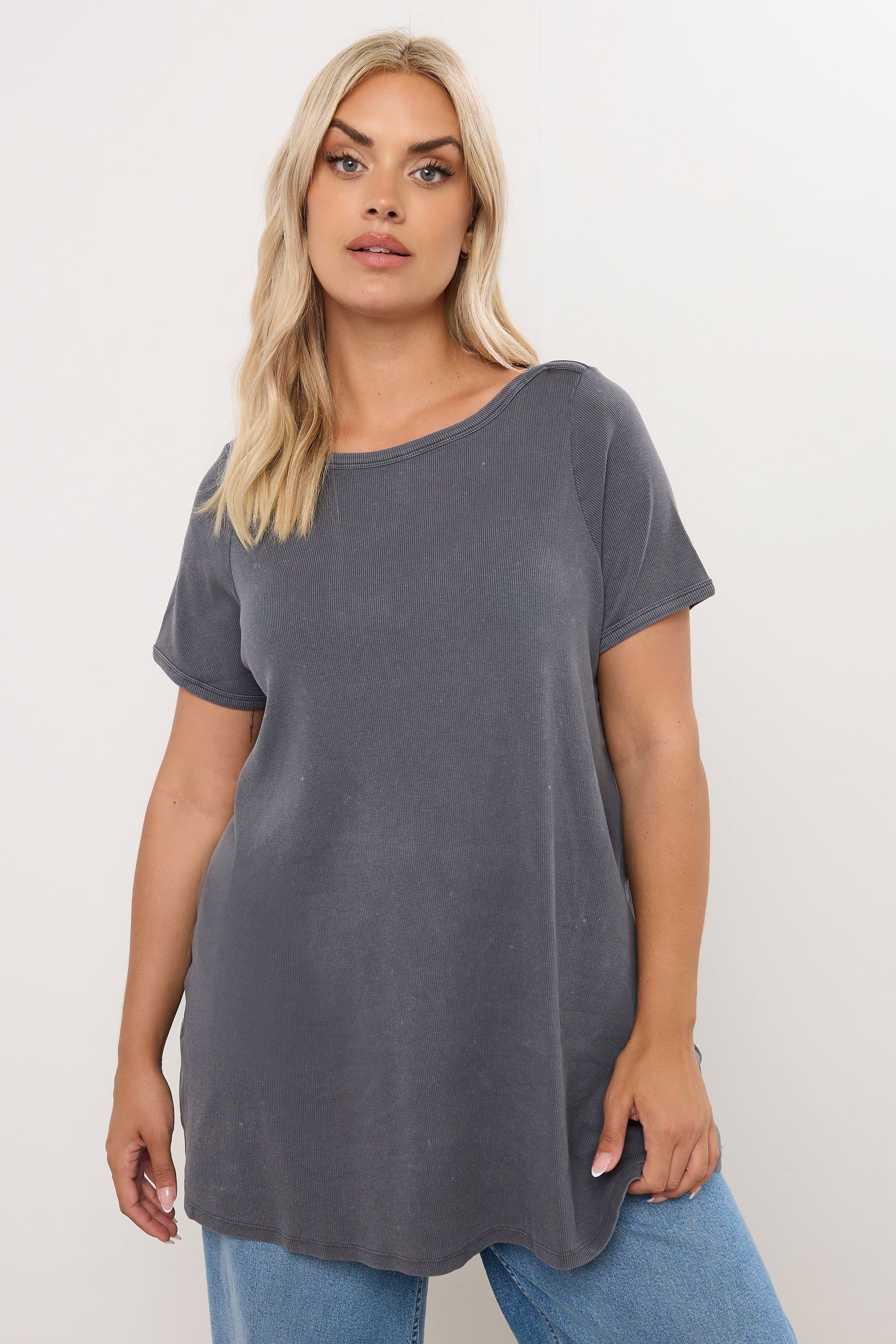 Yours Plus Size Grey Acid Wash Ribbed Swing Tshirt