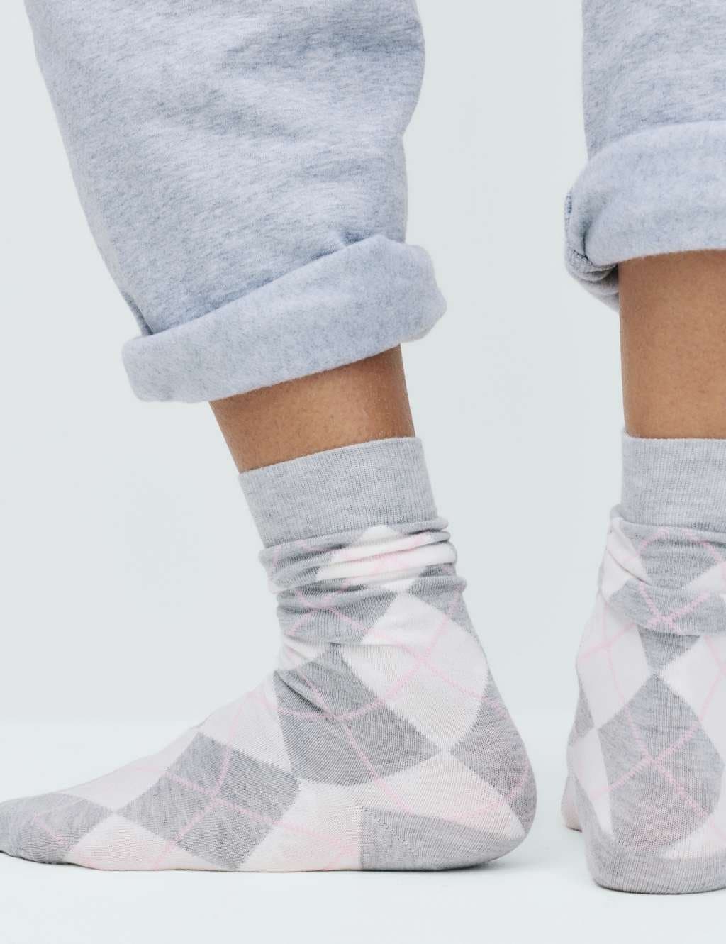 Marks & Spencer M&S Light Grey Mix Argyle Crew Socks 2-Pack
