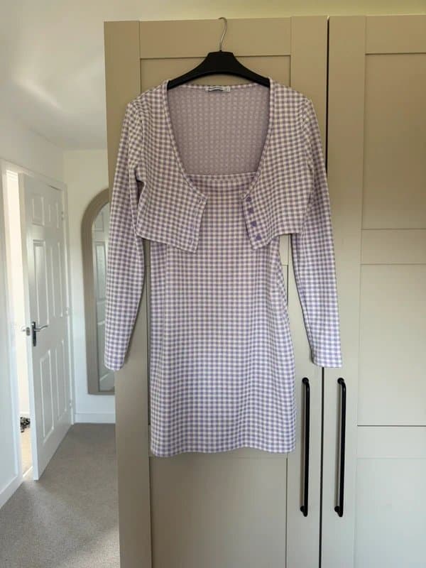 Stradivarius Purple & white check dress and cardigan co ord