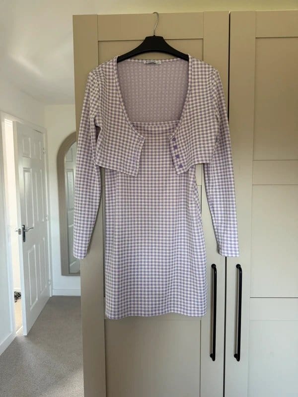 Stradivarius Purple & White Check Dress and Cardigan Co-ord